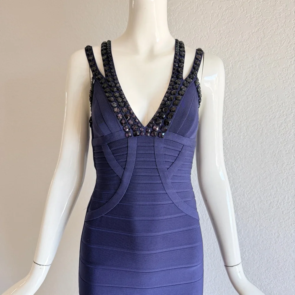 Herve Leger Navy V-Neck embellished Strap Midi Dress - Picture 2 of 8
